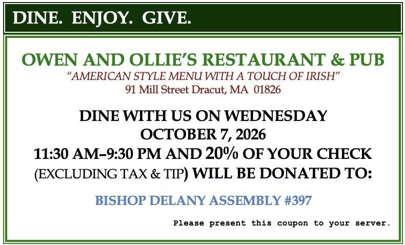 Dine for Dough 10-7-2026 for Bishop Delany Assembly #397